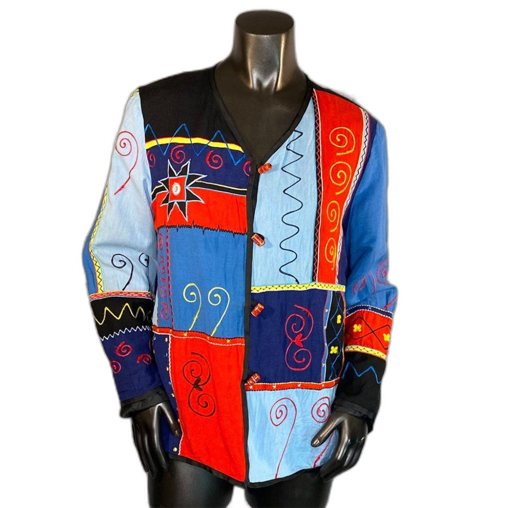 Indigo Moon Patchwork Jacket Vtg Embroidered Boho Revival Oversized SZ M